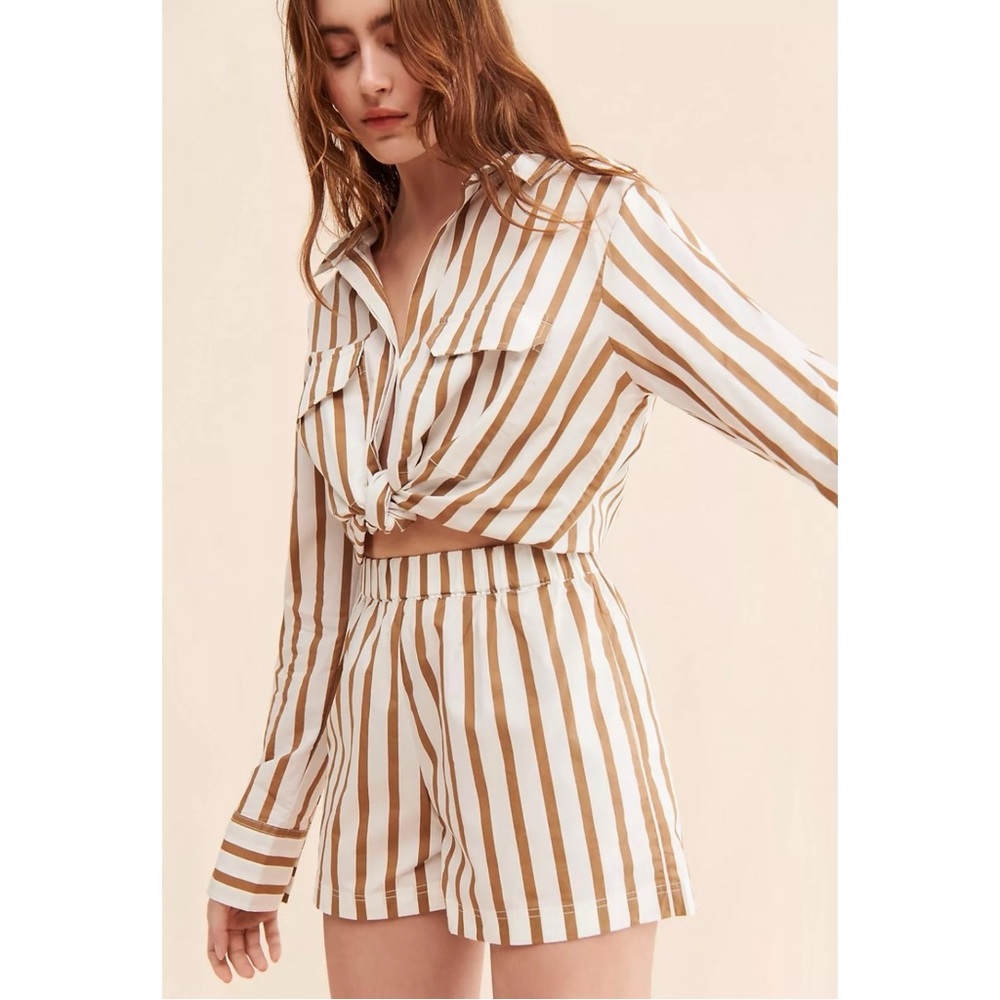 MIKOH 2 Piece Set Brown White Striped Rotuma Button Up Shirt & Sierra Short